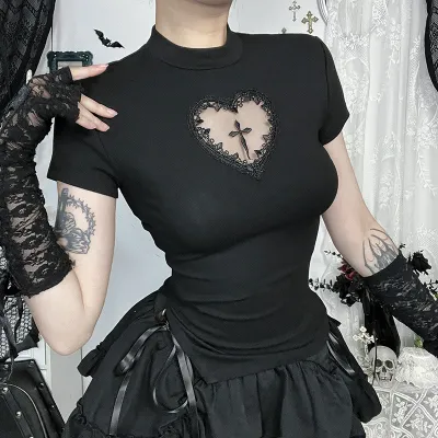 Women Gothic Cross Hollow-Out Slim-Fit Short T-Shirt