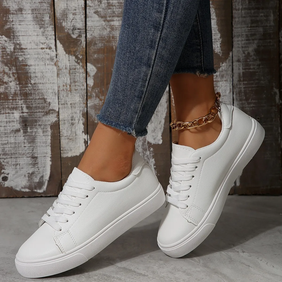Women Casual Solid Color White Lace-Up Flat Sneakers Plus Size