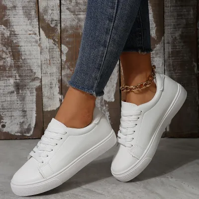 Women Casual Simple Solid Color White Lace-Up Flat Sneakers