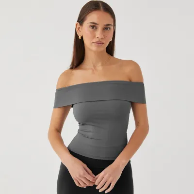 Women Sexy Off Shoulder Crop Top Solid Color Short Sleeve
