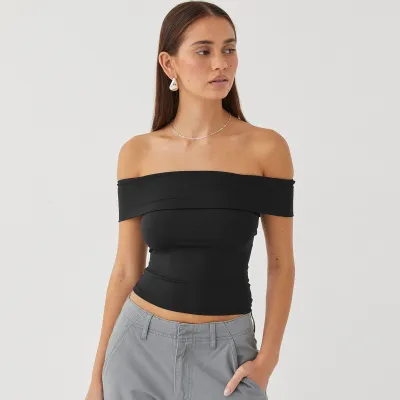 Women Sexy Off Shoulder Crop Top Solid Color Short Sleeve