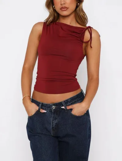Women Sexy Solid Color Drawstring Pleated Sleeveless Crop Top