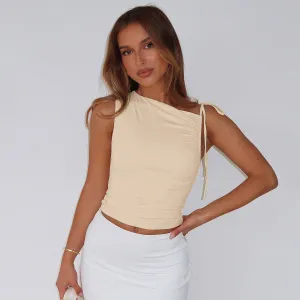 Women Sexy Solid Color Drawstring Pleated Sleeveless Crop Top