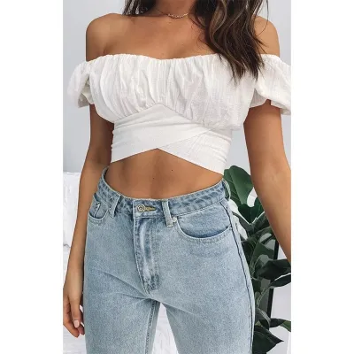 Women Off Shoulder Crop Top Sexy Solid Color Short Sleeve Slim Fit