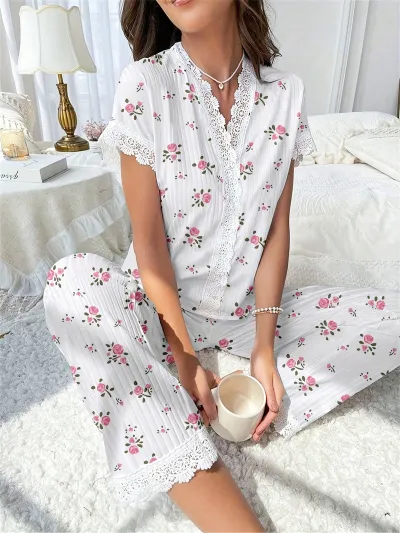Women's Casual Cherry Printed Lace Edge Short Sleeve Top and Loose Pants Pajama Set