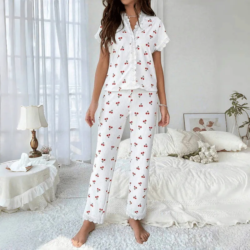 Women's Casual Cherry Printed Lace Edge Short Sleeve Top and Loose Pants Pajama Set