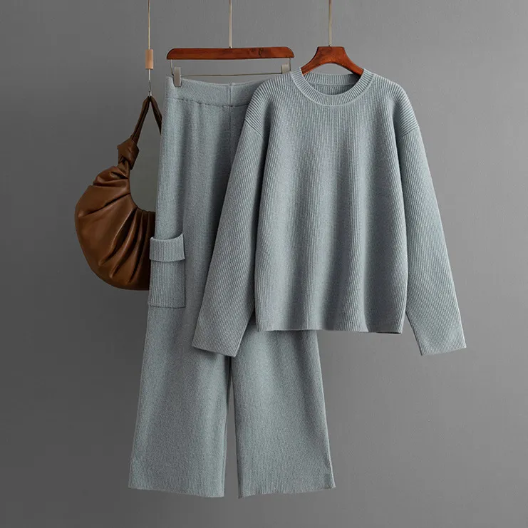 Women Solid Color Knitted Round Neck Long-Sleeve Sweater Wide-Leg Pants Two-Piece Set