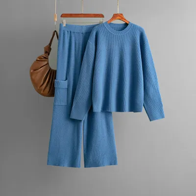 Women Solid Color Knitted Round Neck Long-Sleeve Sweater Wide-Leg Pants Two-Piece Set
