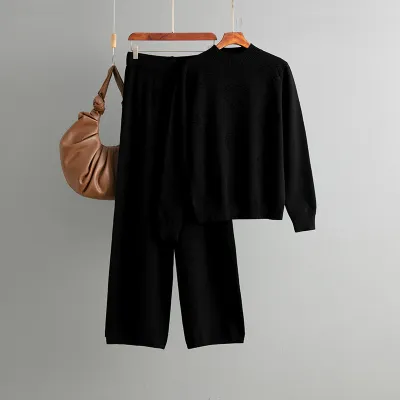 Women Casual Solid Color Long-Sleeve Sweater Wide Leg Pants Two-Piece Set