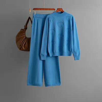 Women Casual Solid Color Long-Sleeve Sweater Wide Leg Pants Two-Piece Set