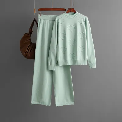 Women Casual Solid Color Long-Sleeve Sweater Wide Leg Pants Two-Piece Set