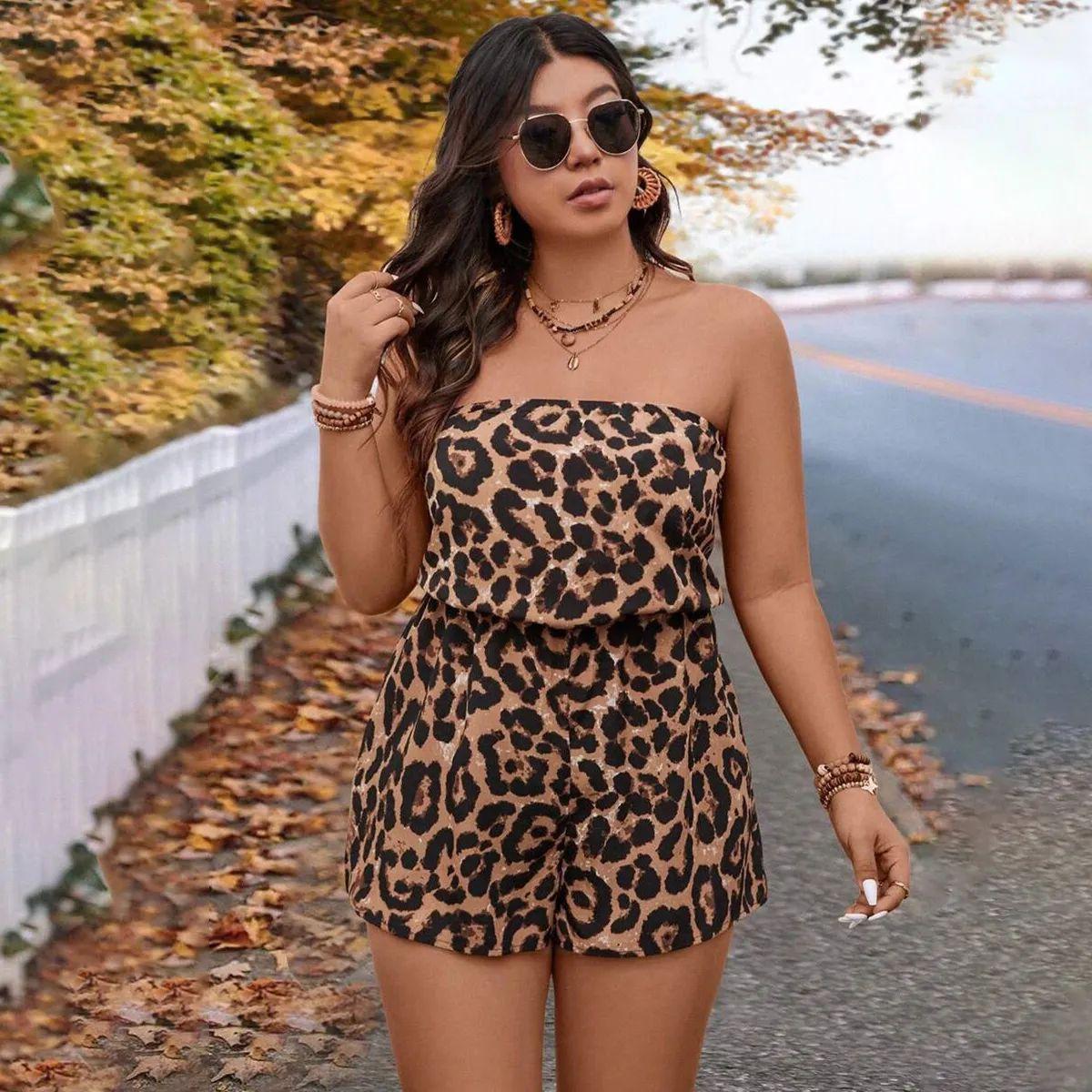Women Fashion Sexy Plus Size Leopard Print Tube Top Rompers