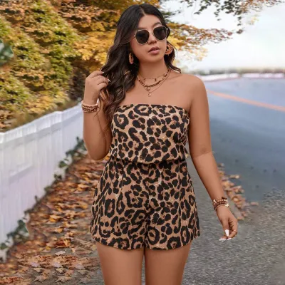 Women Fashion Sexy Plus Size Leopard Print Tube Top Rompers