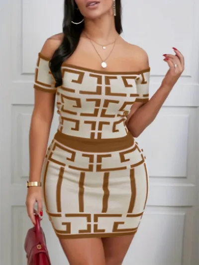 Women Fashion Sexy Geometric Print Off-Shoulder Crop Top Tight Skirt Two-Piece Set