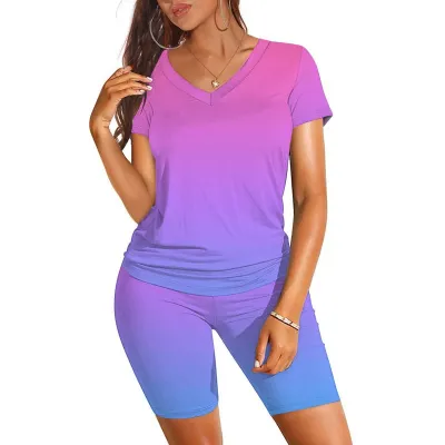 Women Fashion Casual Gradient V-Neck Short-Sleeve T-Shirt Tight Shorts Two-Piece Set