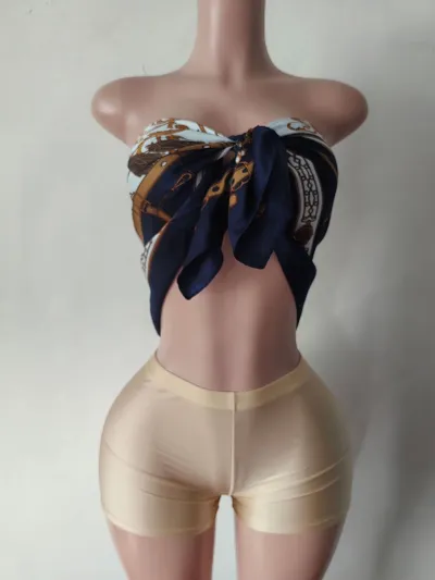 Women Fashion Sexy Printed Tube Top Tight Shorts Two-Piece Set