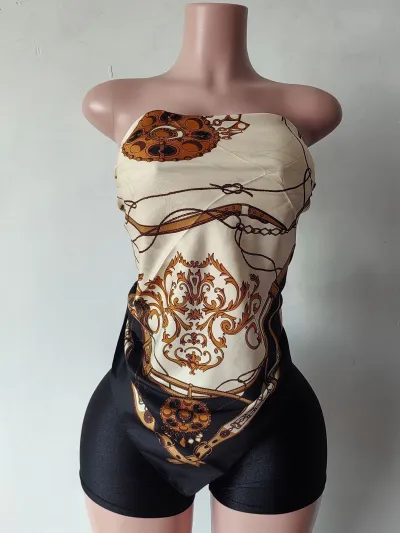 Women Fashion Sexy Printed Tube Top Tight Shorts Two-Piece Set