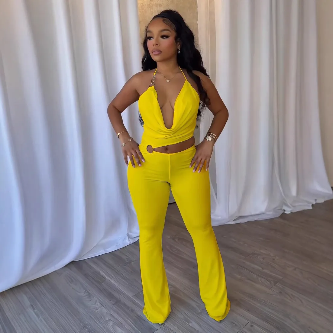 Women Fashion Sexy Solid Color Halter-Neck Hollow Backless Jumpsuit