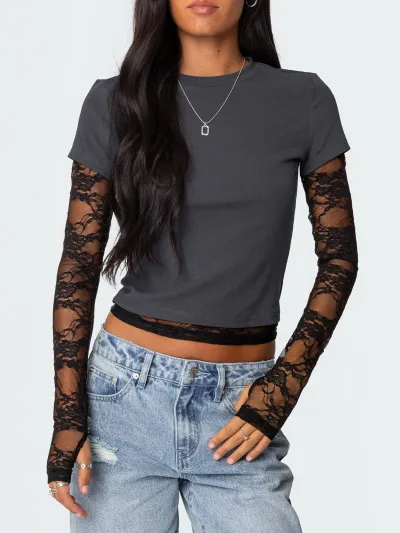 Women Y2k Lace Stitching Long Sleeve Fake Two-Piece Crewneck T-Shirt