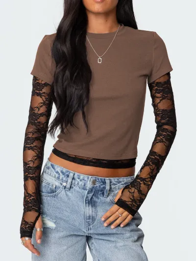 Women Y2k Lace Stitching Long Sleeve Fake Two-Piece Crewneck T-Shirt