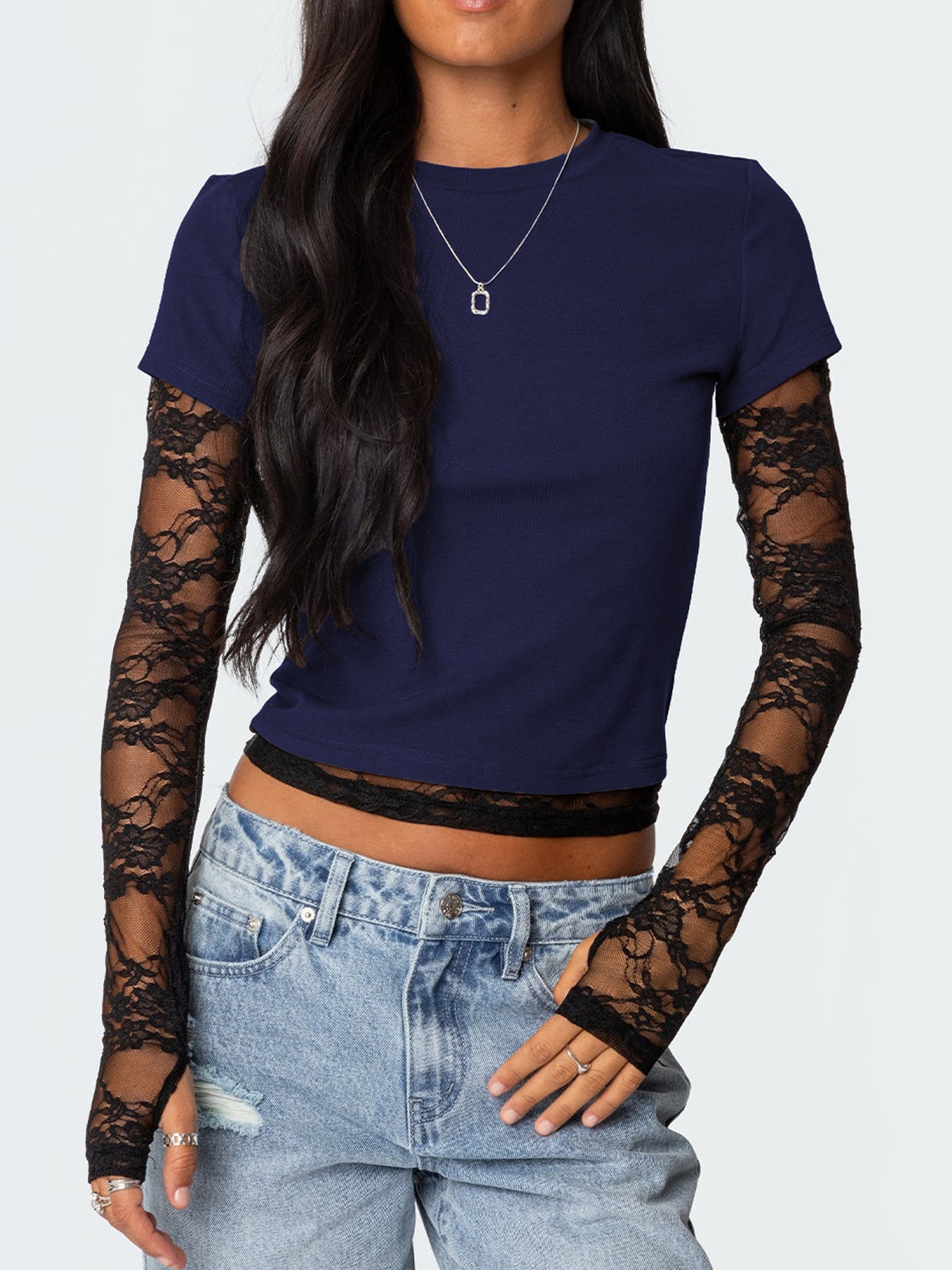 ★2025SS新作★REMAGIE★Layered lace T-shirt Wholesale Women Y2k Lace Stitching Long Sleeves Fake Two