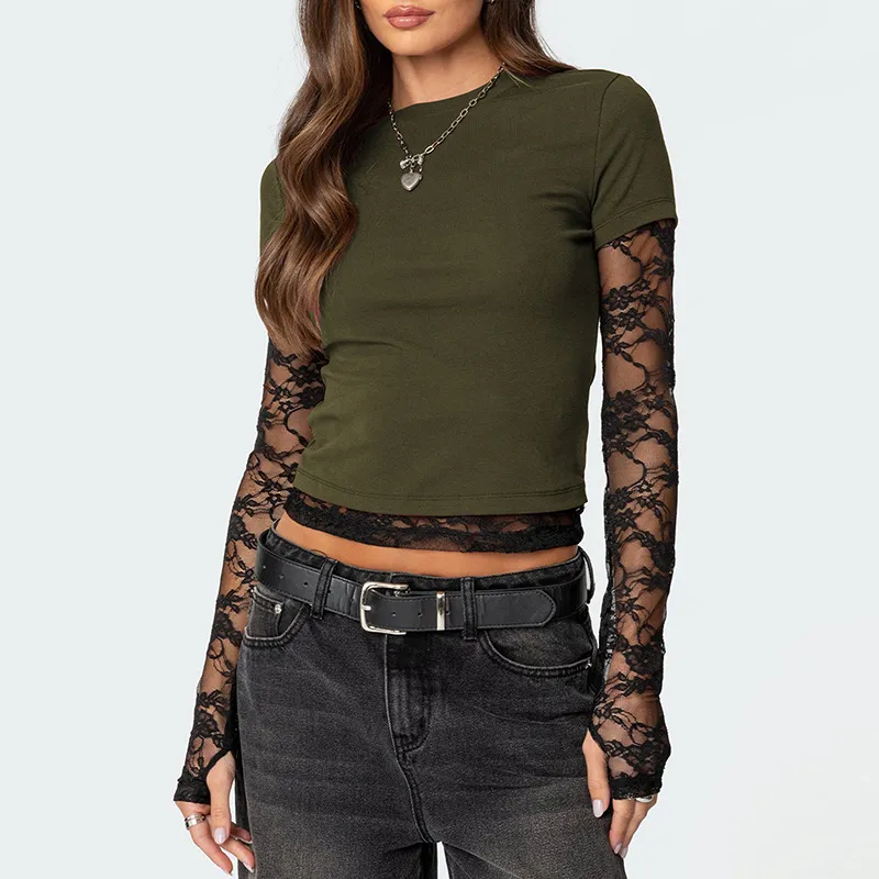 Women Y2k Lace Stitching Long Sleeve Fake Two-Piece Crewneck T-Shirt