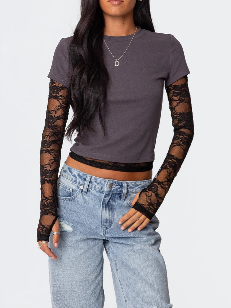 Wholesale Women Y2k Lace Stitching Long Sleeves Fake Two