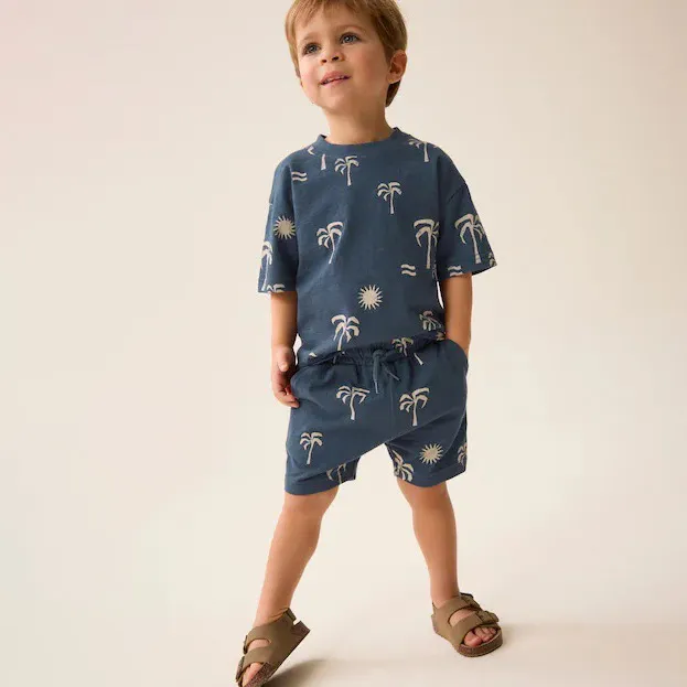 Boy Fashion Casual Printed Short-Sleeve T-Shirt Loose Drawstring Shorts Two-Piece Set