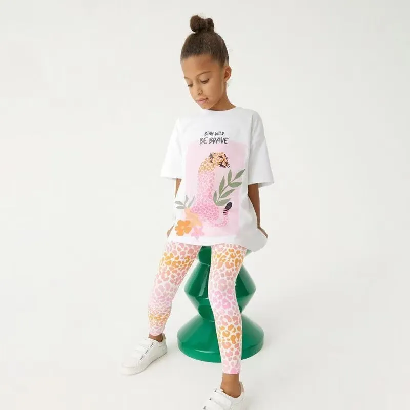 Girl Fashion Casual Printed Short Sleeve T-Shirt and Tight Pants Two-Piece Set