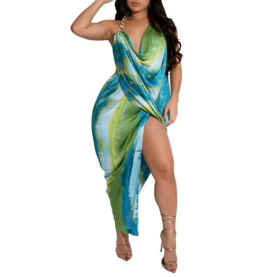 Women Sexy Irregular Tie-Dye Silk Satin Halter-Neck Backless Midi Dress