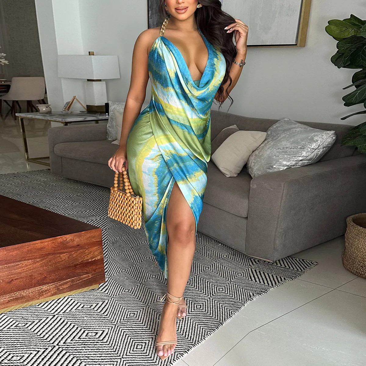 Women Sexy Irregular Tie-Dye Silk Satin Halter-Neck Backless Midi Dress