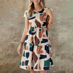 Women Casual Printed Loose Midi Dress with Splice Skirt Design