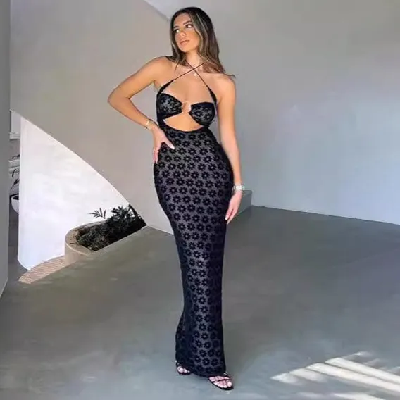 Women Fashion Sexy Printed Hollow Perspective Halter-Neck Slim Fit Maxi Dress