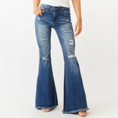 Women Fashion Casual Ripped Mid-Waist Slim-Fit Stretch Flared Jeans