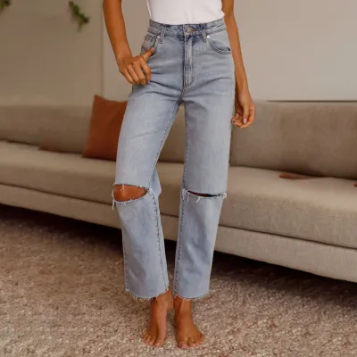 Women Fashion Casual Straight High Waist Ripped Jeans