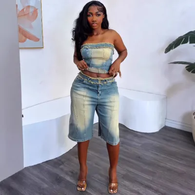 Women Fashion Sexy Denim Tube Top High Waist Shorts Two-Piece Set