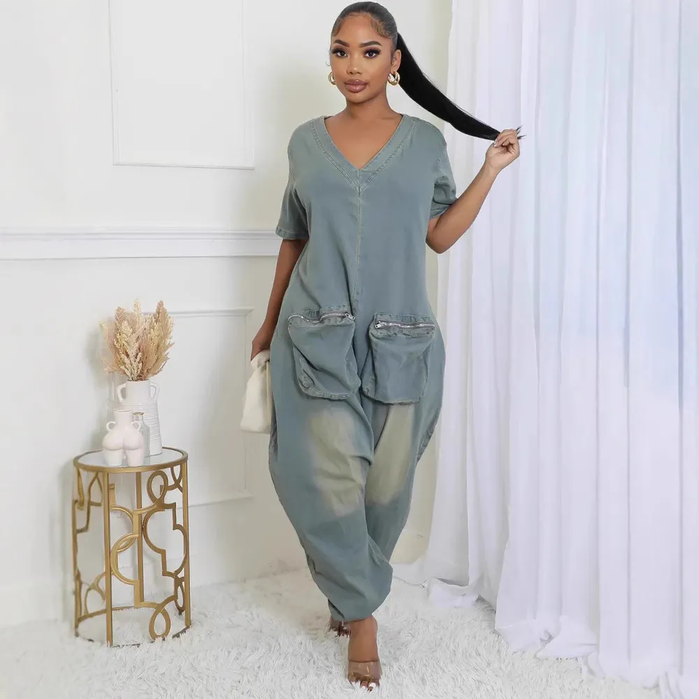 Women Casual V-Neck Short-Sleeve Large Pocket Loose Denim Jumpsuit