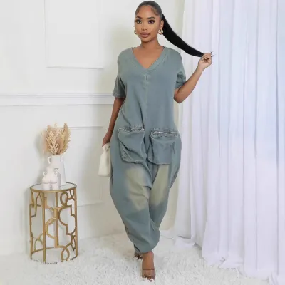 Women Casual V-Neck Short-Sleeve Large Pocket Loose Denim Jumpsuit