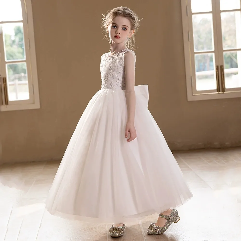 Girl's Elegant Sleeveless Bow Party Princess Dress Solid Color