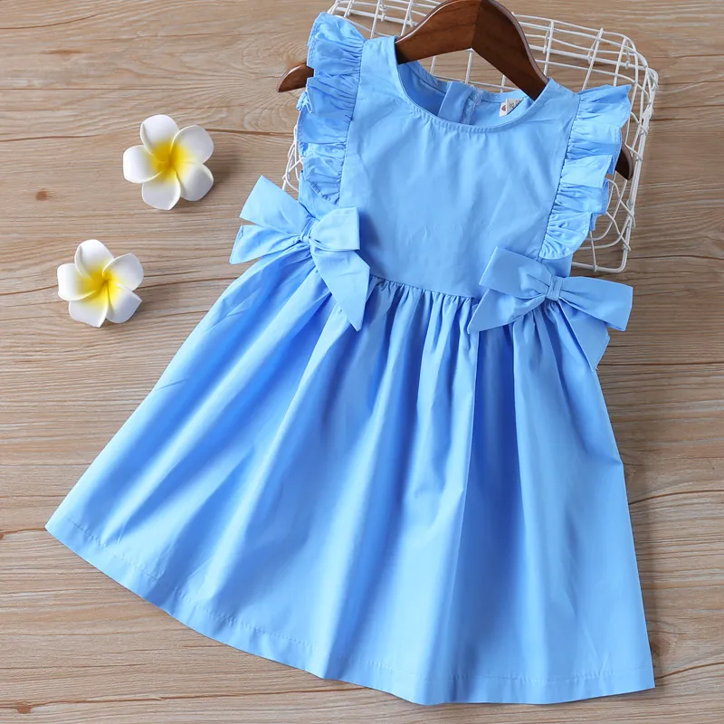 Girls Fashion Cute Solid Color Flying Sleeve Pleated Bowknot Dress for Kids
