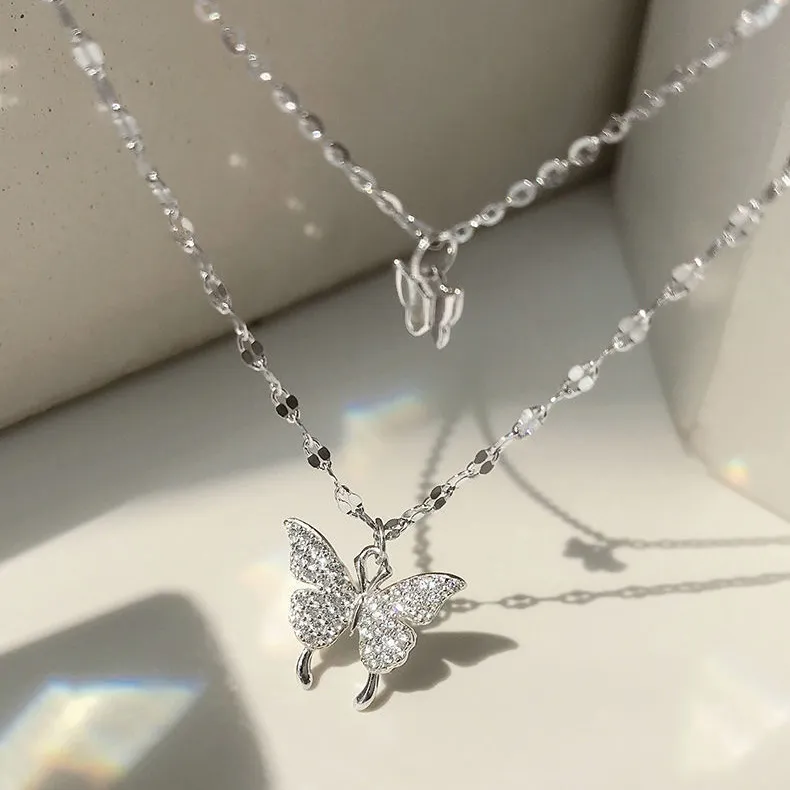 Women Fashion Rhinestone Butterfly Pendant Double Layer Water Wave Chain Necklace