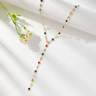 Women Fashion Multicolor Round Glass Y-Shaped Long Necklace