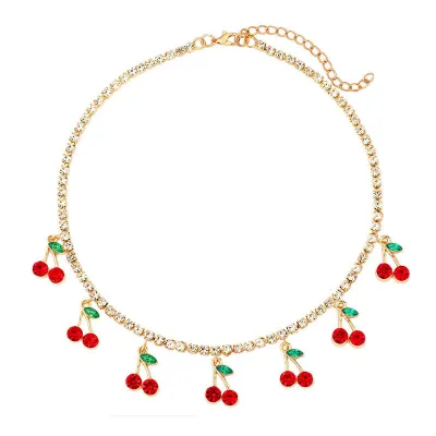 Women's Fashion Red Small Cherry Rhinestone Chain Necklace, Vintage Alloy Pendant