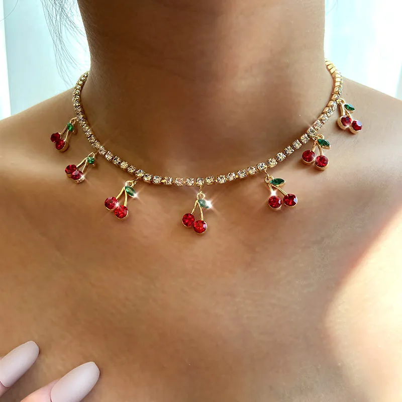 Women's Fashion Red Small Cherry Rhinestone Chain Necklace, Vintage Alloy Pendant