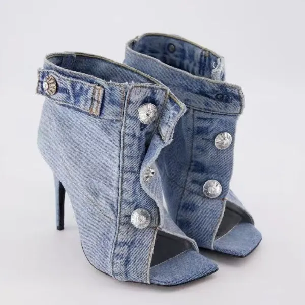 Women Fashion Casual Square Toe Denim Chunky High Heeled Shoes