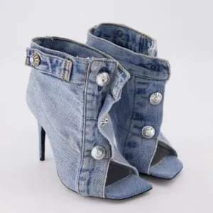 Women Fashion Casual Square Toe Denim Chunky High Heeled Shoes