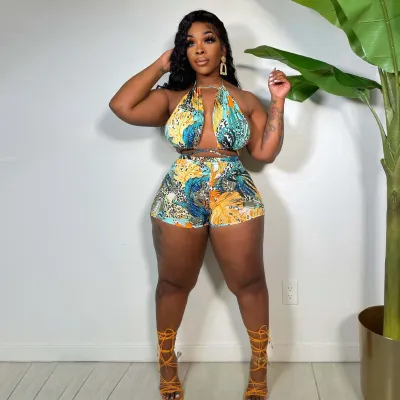 Women Fashion Sexy Plus Size Printed Halter-Neck Backless Top Tight Shorts Two-Piece Set