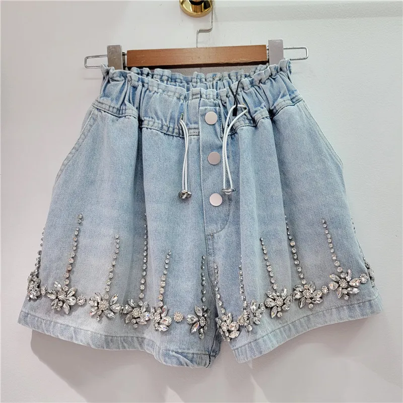 Women Casual Beaded Rhinestone High-Waist Loose Wide-Leg Denim Shorts