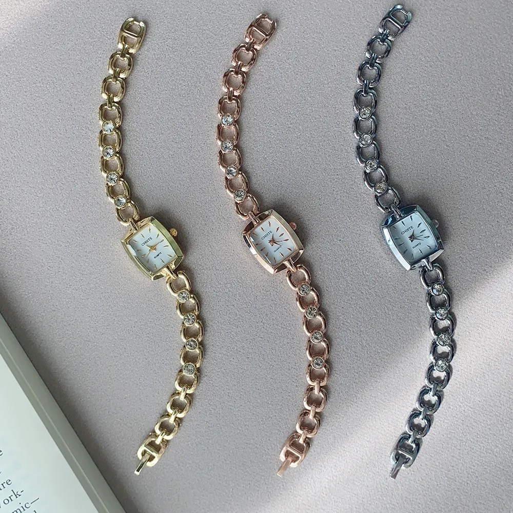 Women's Fashion Solid Color Square Rhinestone Bracelet Quartz Watch