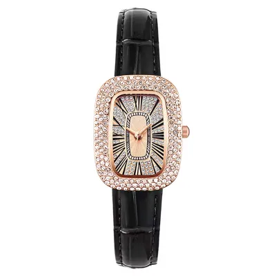 Women's Fashion Casual Solid Color Barrel Rhinestone Watch with Imitation Leather Band